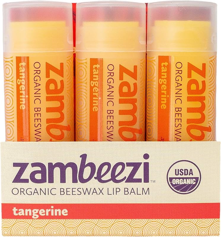 Bálsamo labial Zambeezi de cera de abelha orgânica com fragrância de tangerina, pacote com 3