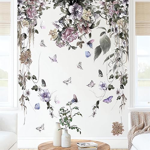Pegatinas de pared colgantes de peonía de petunia morada, mariposas y enredaderas, calcomanías de pared de flores de sacinora para pared, vinilo