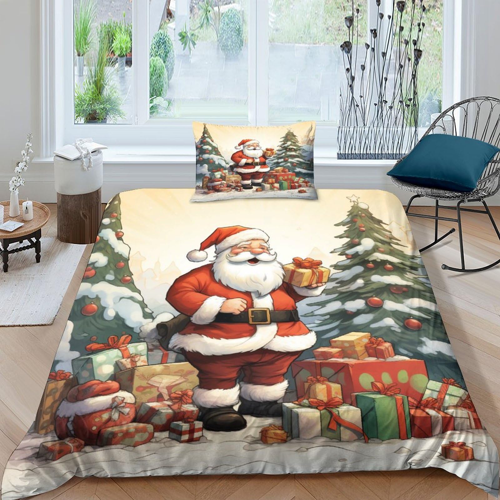 Parure de lit avec housse de couette Père Noël 3D 135x200 cm microfibre zippée pour lit simple