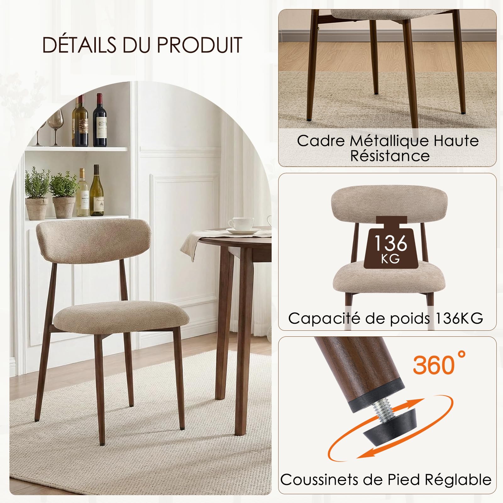 Lot de 4 Chaises de Salle à Manger, Chaises de Cuisine en Tissu Chenille, Fauteuil Salon Rembourrée avec Cadre en Métal en Noyer pour Salle à Manger Salon Cuisine Terrasse, Camel