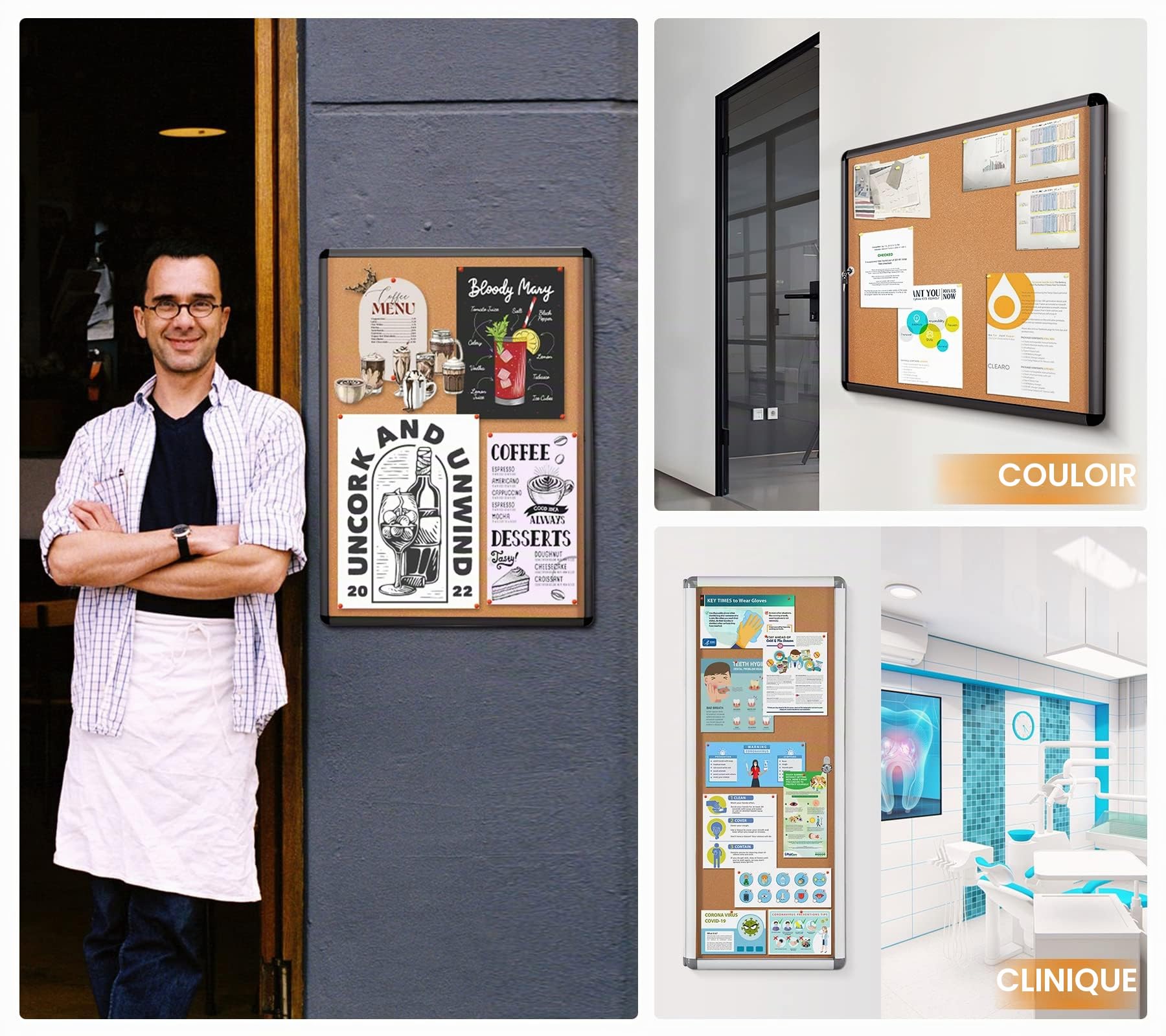 SWANCROWN Tableau d'affichage, 9 x A4, mural, Vitrine affichage, 98x72cm | Version évoluée, en liège, verrouillable, interieur, à 3 clés 36 punaises, cadre en aluminium argenté, idéal ecole restaurant