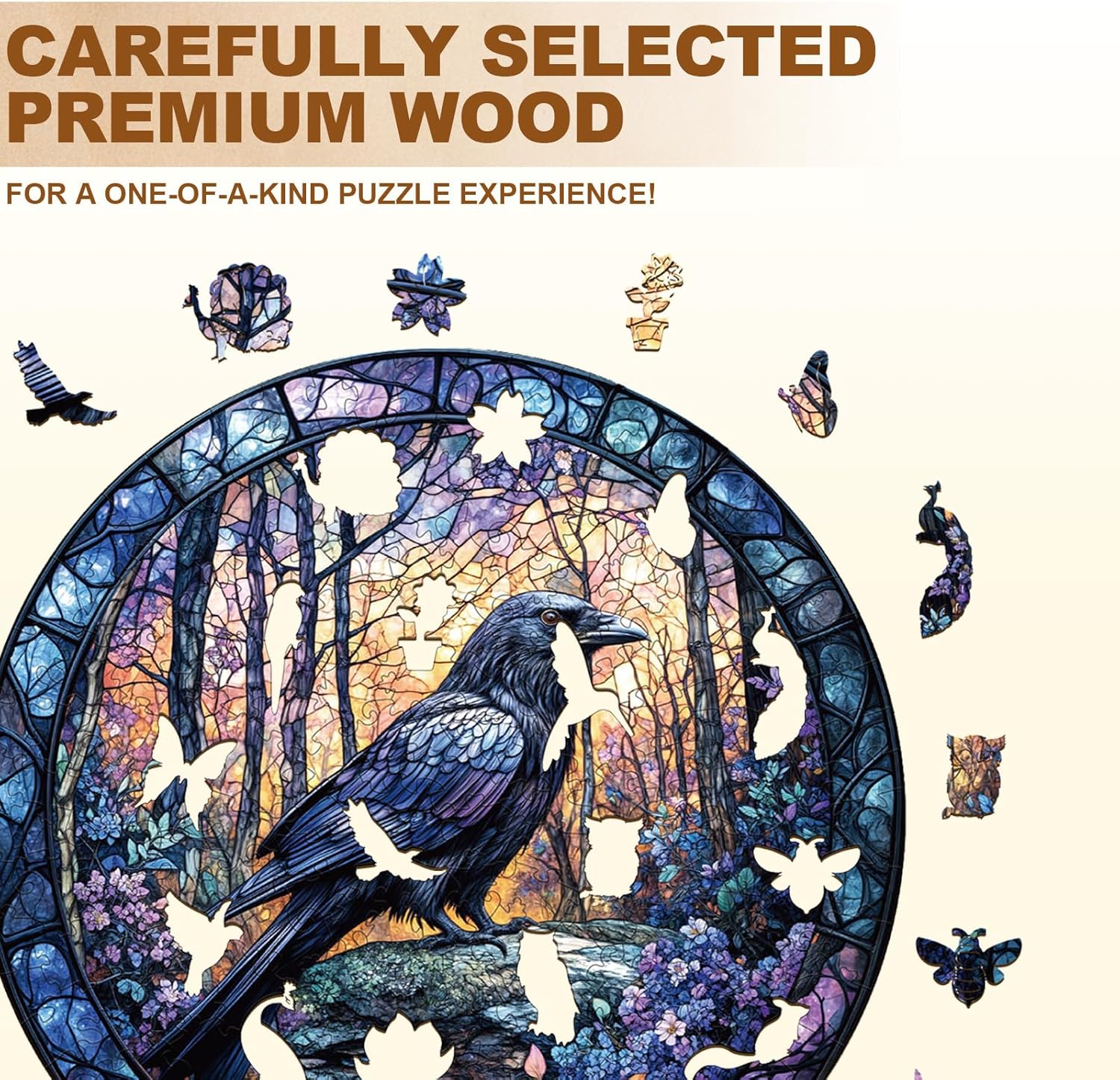 Wooden Puzzles for Adults,Dusk Raven Wooden Puzzles,Unique Shape Advanced Animal Jigsaw Puzzle for Adults and Kids,Challenge Wooden Jigsaw Puzzle.（L-13.4 * 13.4 in 300pcs）