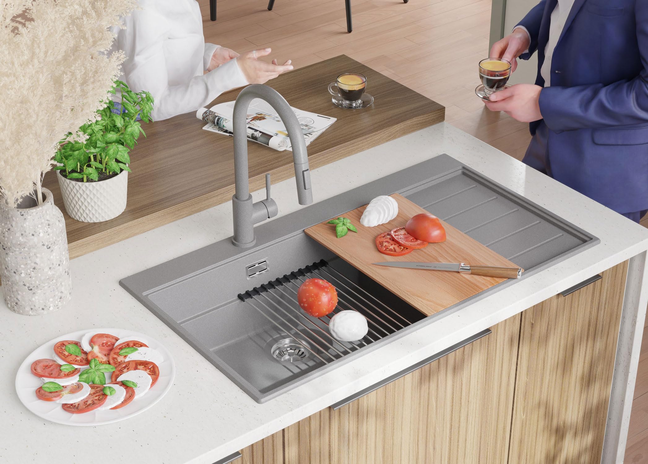 PRIMAGRAN Evier Cuisine en Granit au Meuble 60cm + Kit de Vidage, 90x50cm