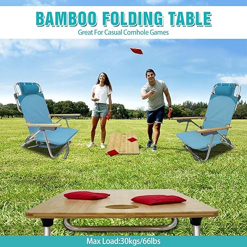 Miniatura 6 de Mochila plegable de playa, paquete de 2 unidades, de aluminio, 5 posiciones, con mesa de camping Samll, silla de salón plana de bambú para