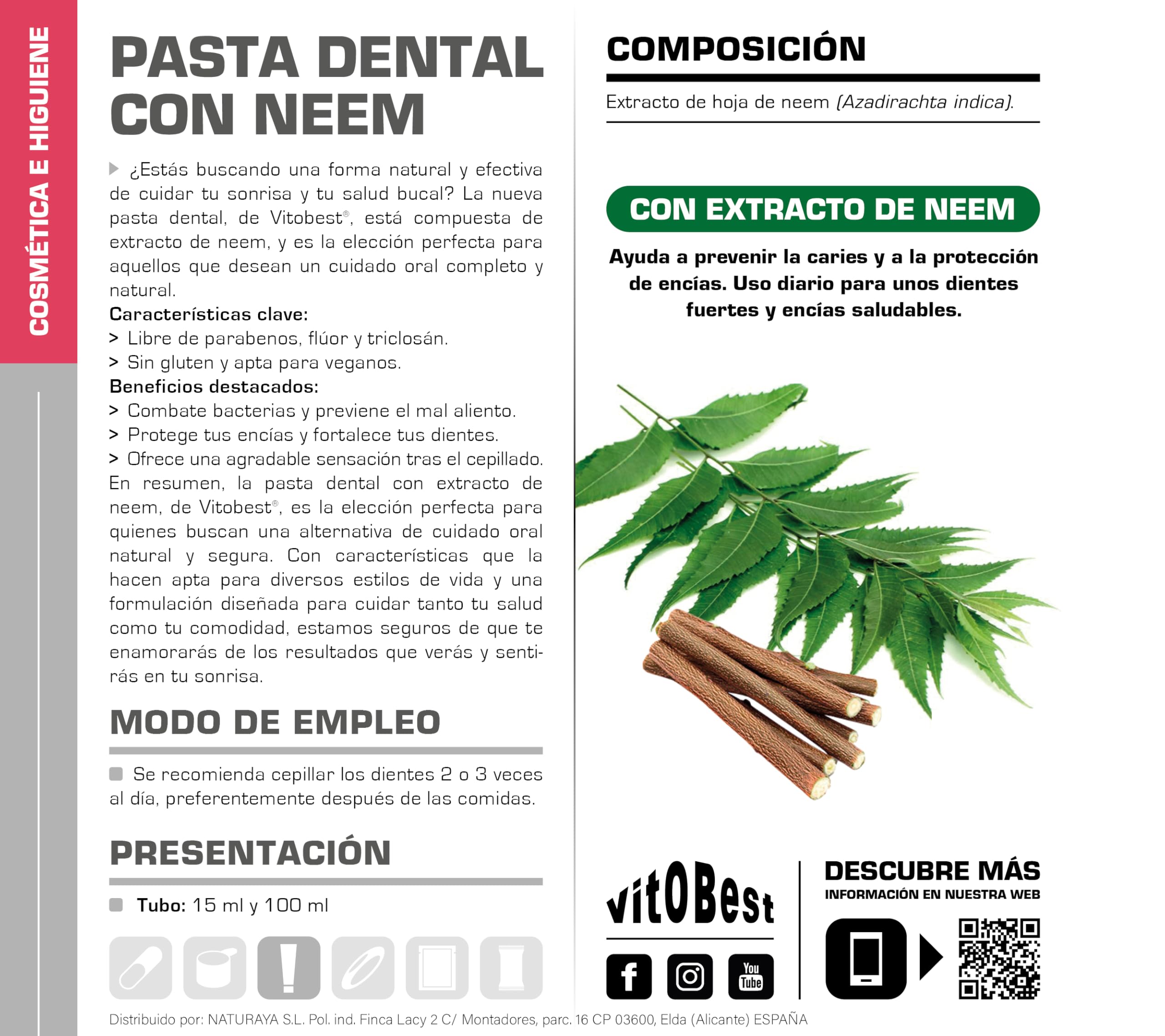VITOBEST | Pasta dental con neem | Ayuda a prevenir la caries y a proteger las encías | Pasta dental con extracto de neem | 60 unidades x (15 ml)
