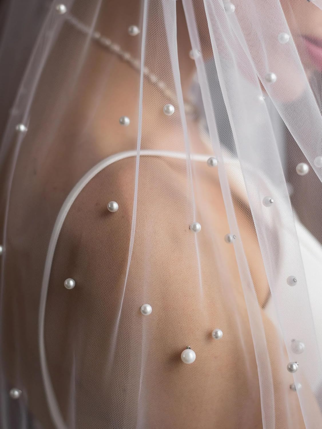 Womens 1 Tier Fingertip Length Pearl Wedding Bridal Veil With Comb X01 - Image 5