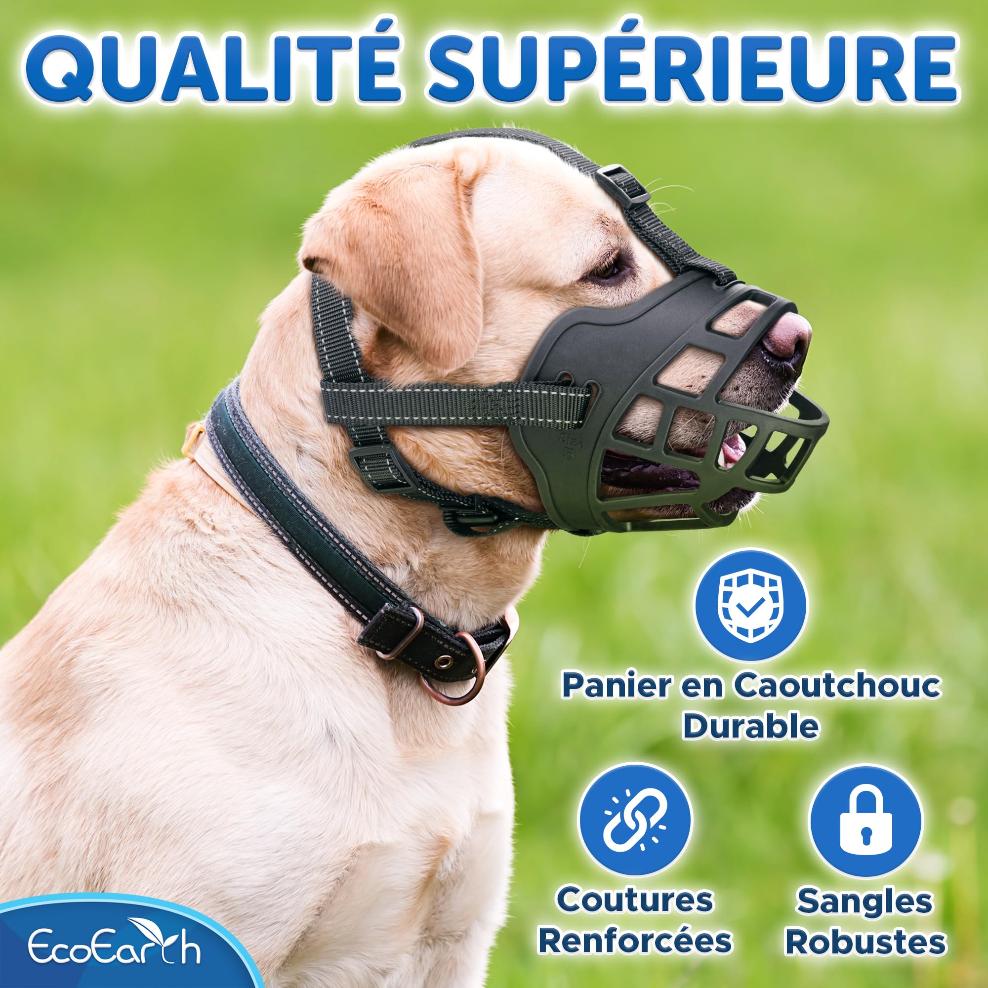 EcoEarth Muselière pour Chien - Muselière Panier Durable pour Chiens de Grande Taille - Grande, Noire - Protège-Dents réglable et Respirant pour empêcher Les morsures et Les aboiements