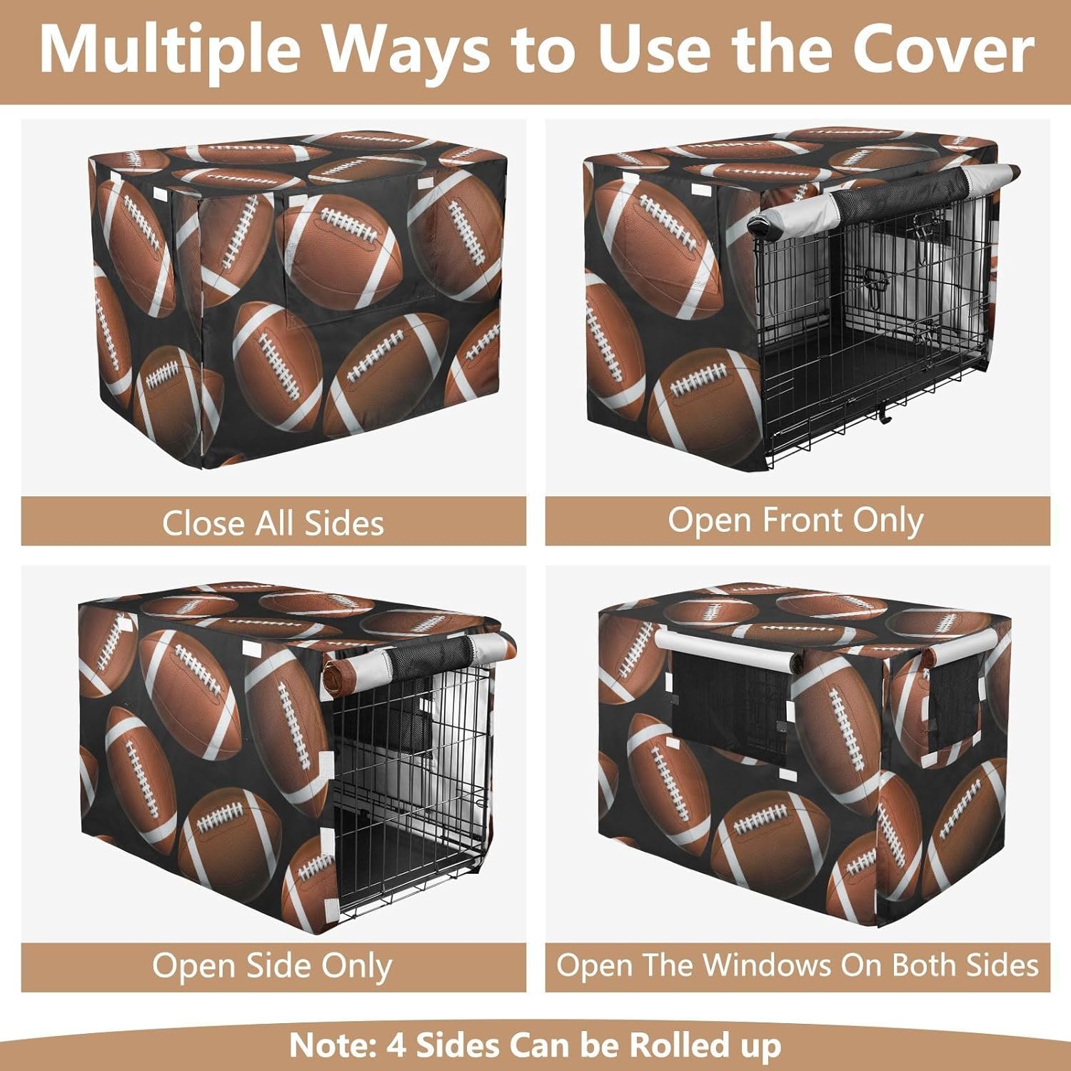American Footballs Black Dog Crate Cover S-XL UV-Resistant Pet Crate Cover with Roll-up Sides, Reduces Barking, X-Large