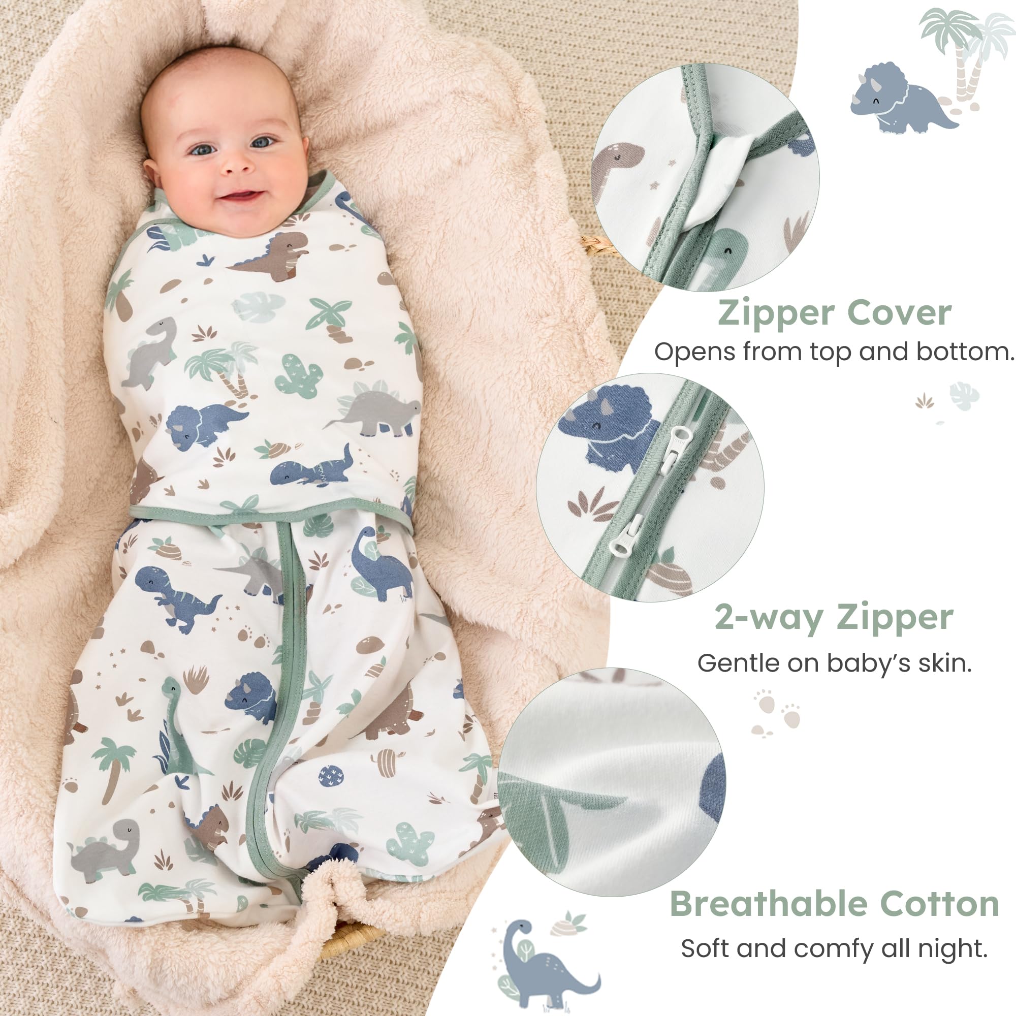 FIEMOL Baby Swaddle Sleep Sack 3-6 Months, Cotton Swaddles for Newborns Boys Girls, 2-Way Zipper Transitional Infant Wearable Swaddling Blanket with Quiet Closure, 0.5 TOG 2 Pack Soft Green Dinosaur - 4