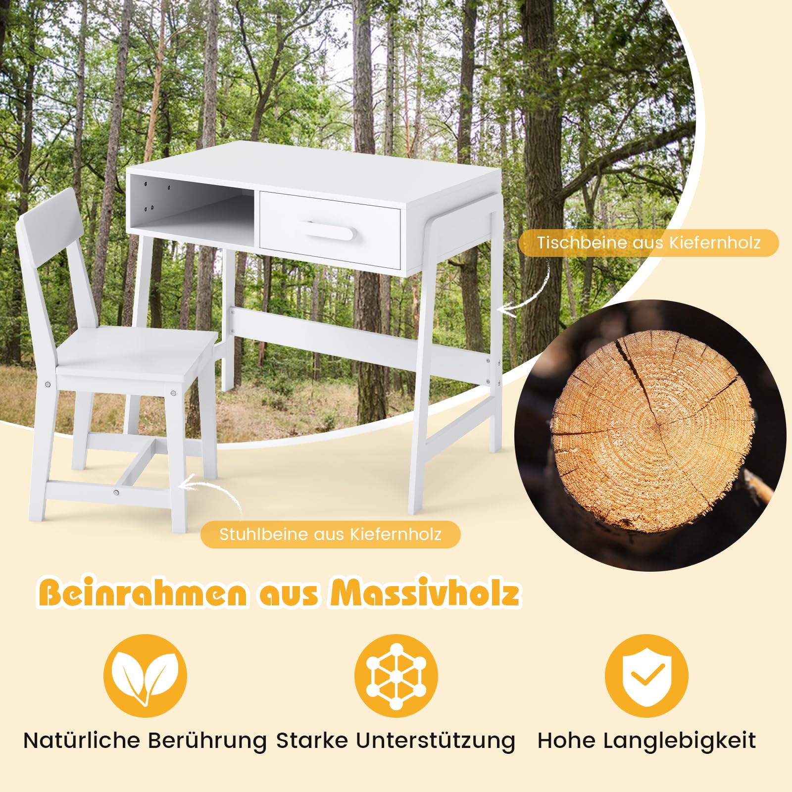 DREAMADE Kinderschreibtisch mit Stuhl, Schülerschreibtischset mit offenes Fach & Schublade, Schreibtisch-Set aus Holz zum Zeichnen, Lernen, Spielen, Studio, Kinderzimmer Kinder Tisch Stuhl Set (Weiß)