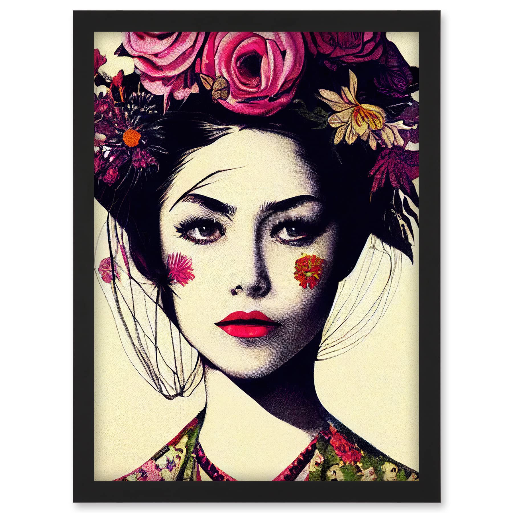 Doppelganger33 LTD Boho Woman With Flowers Headdress Modern Artwork Framed A3 Wall Art Print