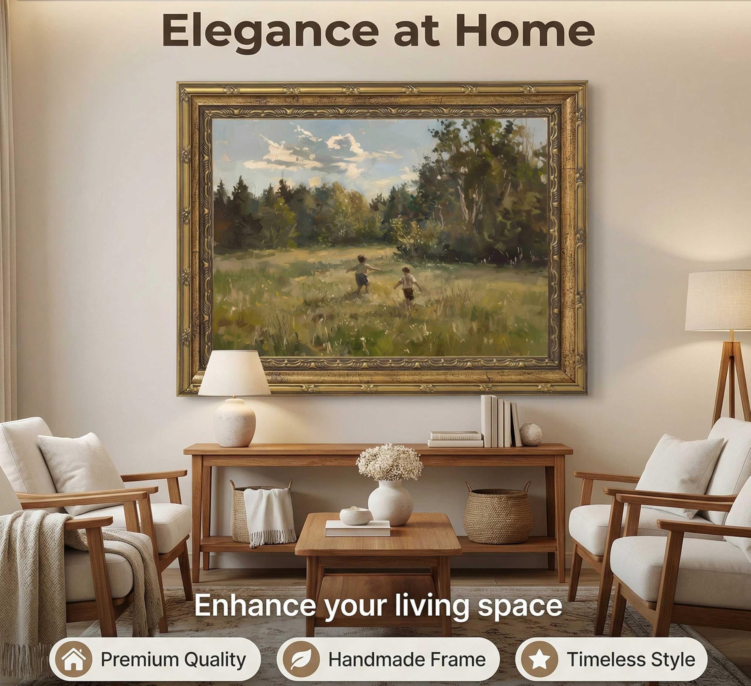 Canvas Wall Art Framed - Kids in Summer Field Landscape Painting, Vintage Gold Framed Picture Poster Prints Artwork for Home Wall Decor,12x16 Inch - 4