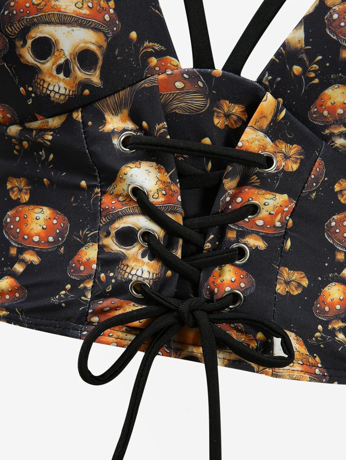 DRESSFO Skulls Mushroom Tankini Swimsuit Women High Waisted Ruched Lace Up Bathing Suits
