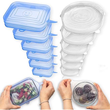 Fabsamb Tapas Silicona Ajustables Cocina Para Contenedores De Alimentos (12pcs) Tapaderas Elásticas Reutilizables Ecológicas, Tapa Para Tazas, Ollas