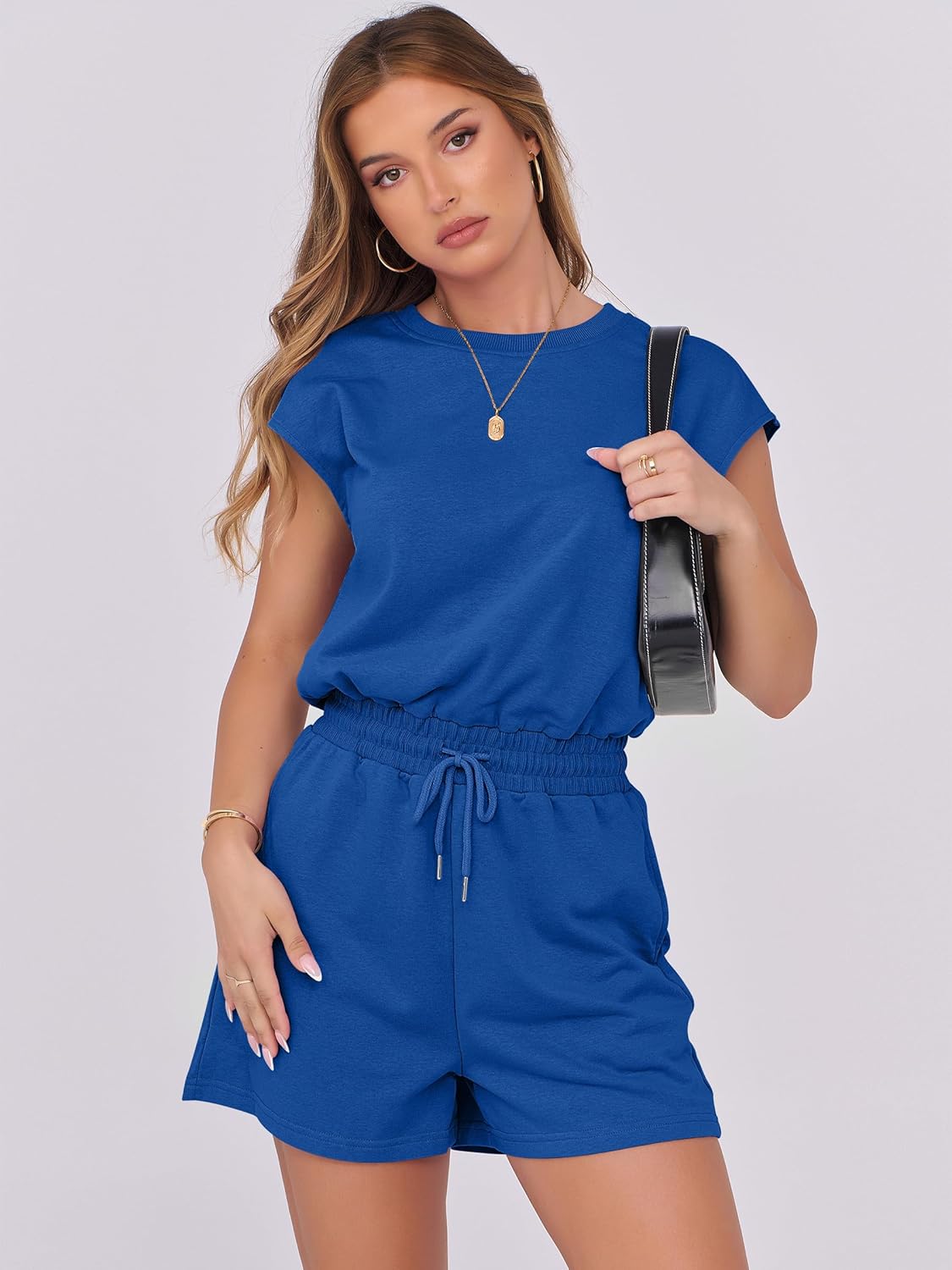 ANRABESS Rompers for Women Summer 2026 Casual Cap Sleeve Crewneck Drawstring One Piece Jumpsuit Outfits with Pockets - Image 2