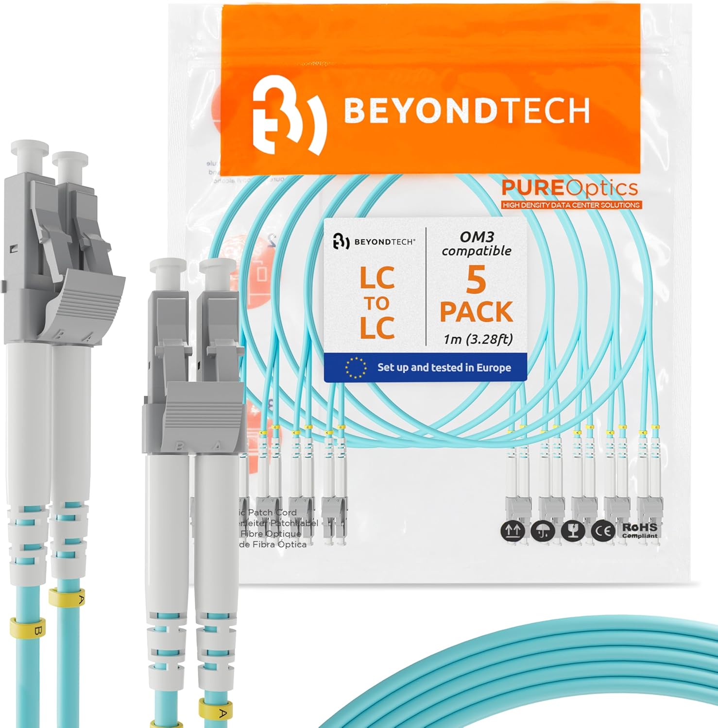 BEYONDTECH 1m (3.28ft) LC to LC Fiber Patch Cable – (5-Pack) UPC Multimode Duplex Fiber Optic Cable – 50/125µm core, Compatible with OM3 – 10G LSZH PUREOptics Series