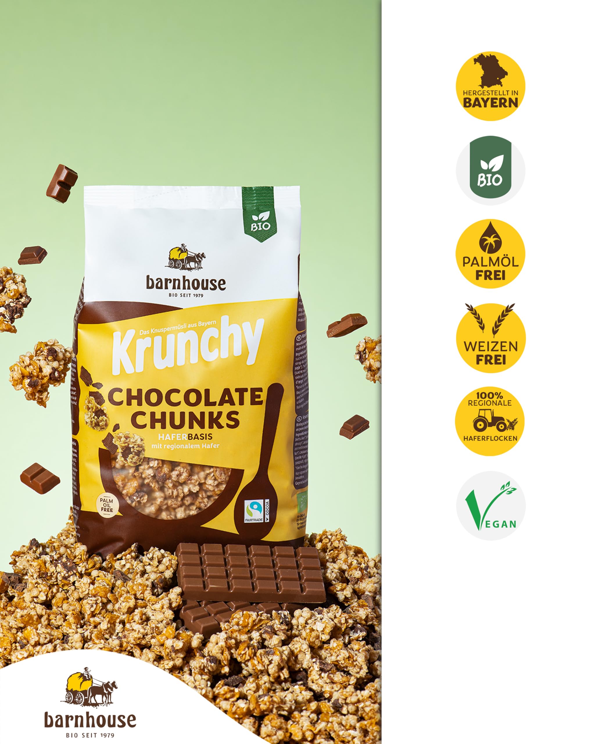 Barnhouse Krunchy & Friends Chocolate Chunks, Bio Hafer-Knuspermüsli aus Bayern, mit köstlichen Schoko-Stückchen, 5 x 1250 g