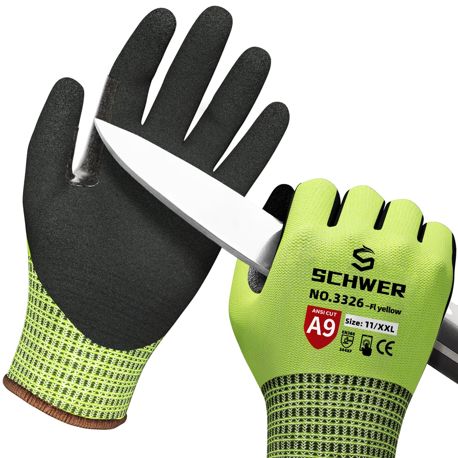 Schwer ProGuard Highest Level Cut Resistant Work Gloves PR3326 for Extreme Protection，ANSI A9 Cut Gloves with Reinforced Thumb, Non Slip, Breathable, Cooling, Durable, Touch-screen, Yellow 1 Pair XXL