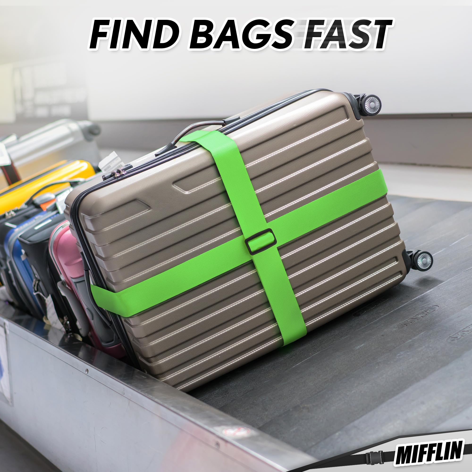 Luggage Straps - Mixed Color, 2m Long, 5cm Wide, 4 Pack - Adjustable Nylon Belt for Travel Suitcases & Bags - by Mifflin