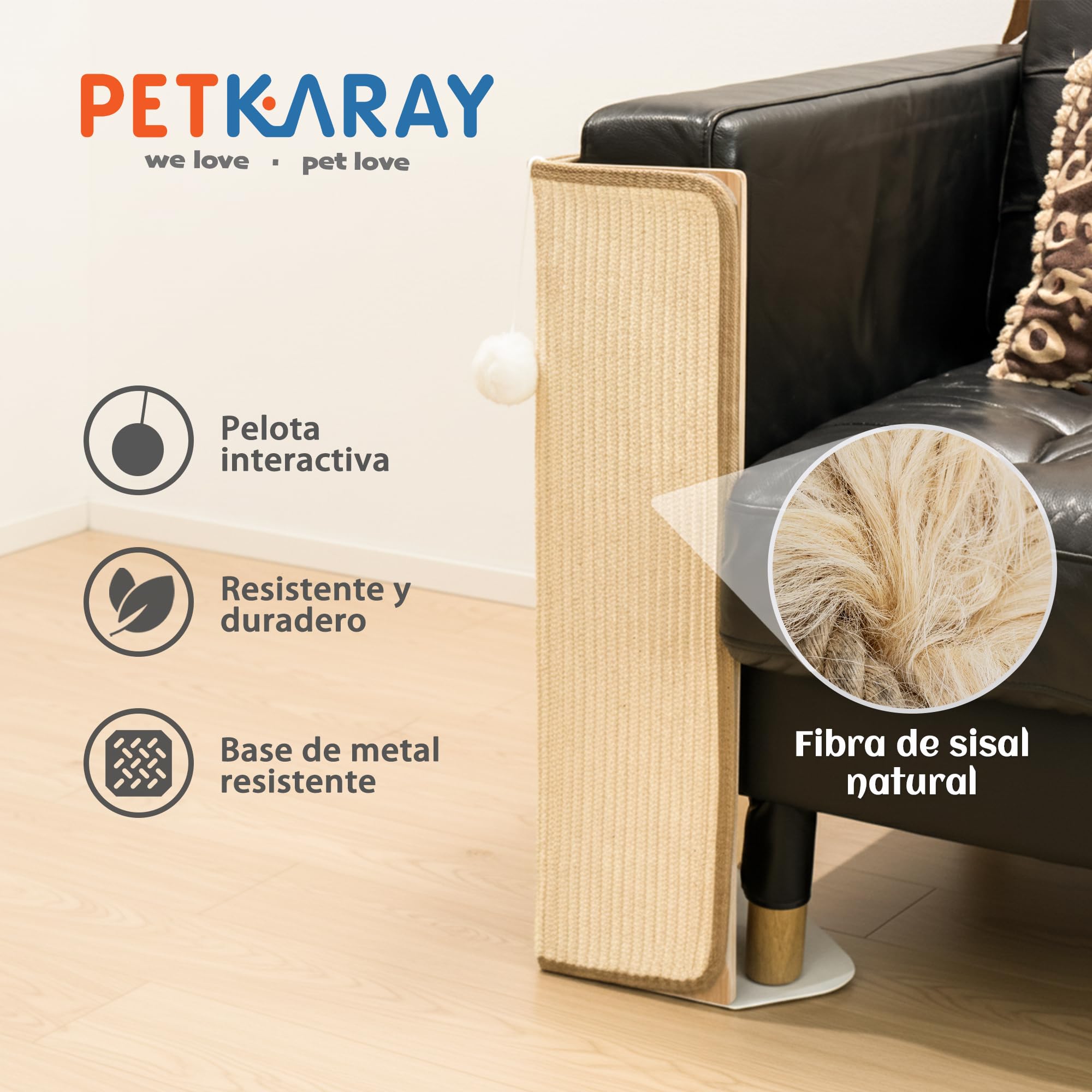 PETKARAY Rascador para Debajo de los Muebles para Gatos, Poste de rascado de sisal de 60 cm para la Esquina del sofá, Protector de Muebles con tapete para rascar para sofá con Pelota de Juguete