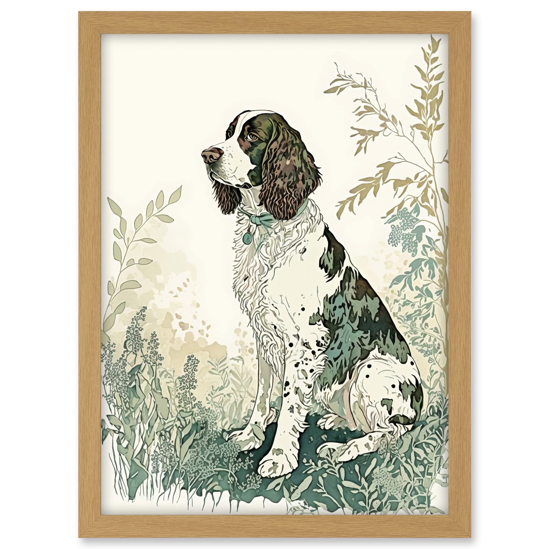 Artery8 English Springer Spaniel Dog in Field Modern Pastel Watercolour Illustration Artwork Framed A3 Wall Art Print