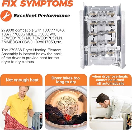 Miniatura 3 de 【Actualizado】 Elemento calefactor para secadora 279838 NED4655EW1 MEDC215EW1 W10724237 de Beaquicy - 4531017 Elemento calefactor de repuesto para