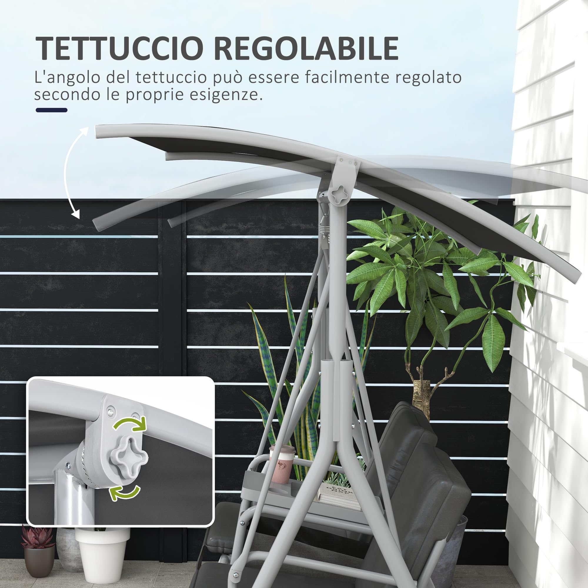 Outsunny Dondolo da Esterno con Tavolino e Portabicchieri Centrale, Dondolo 2 Posti in Metallo con Tettuccio in Poliestere, 175 x 112 x 158 cm, Grigio