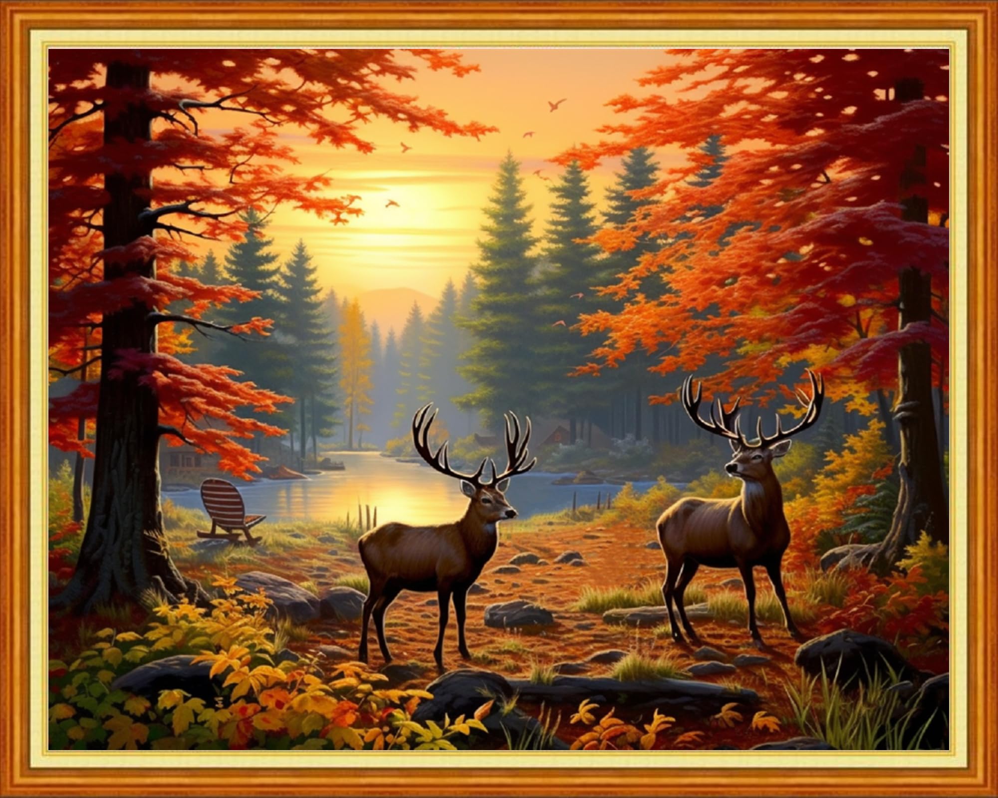 Foxdiviy Stamped Cross Stitch Kits Full Range of Embroidery Needlework Starter Kits for Beginners Adults 11CT Embroidery Patterns Art Crafts DIY Needlepoint Kits-Late Autumn Elk 16x20 inch