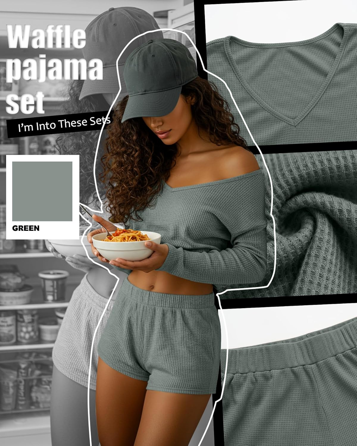 2 Pack Women's Waffle Knit Pajama Sets V Neck Long Sleeve Top and Shorts Lounge Set Loungewear with Pockets - Image 4