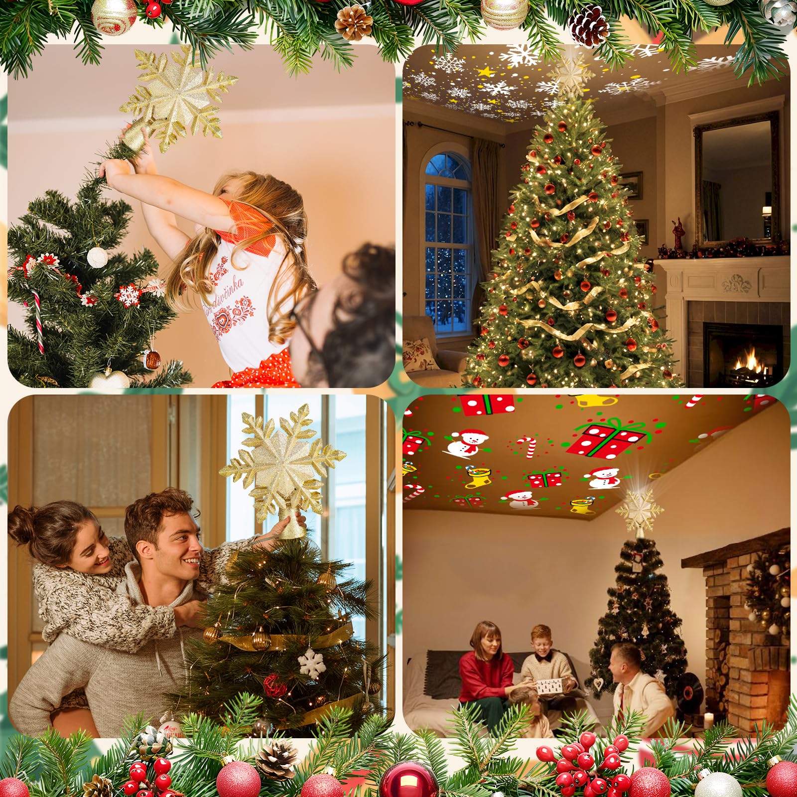 Étoile lumineuse pour cime de sapin de Noël avec projecteur de lumière 6 effets HD, 3D pailleté doré, projecteur de lumières d'intérieur pour décoration de sapin de Noël