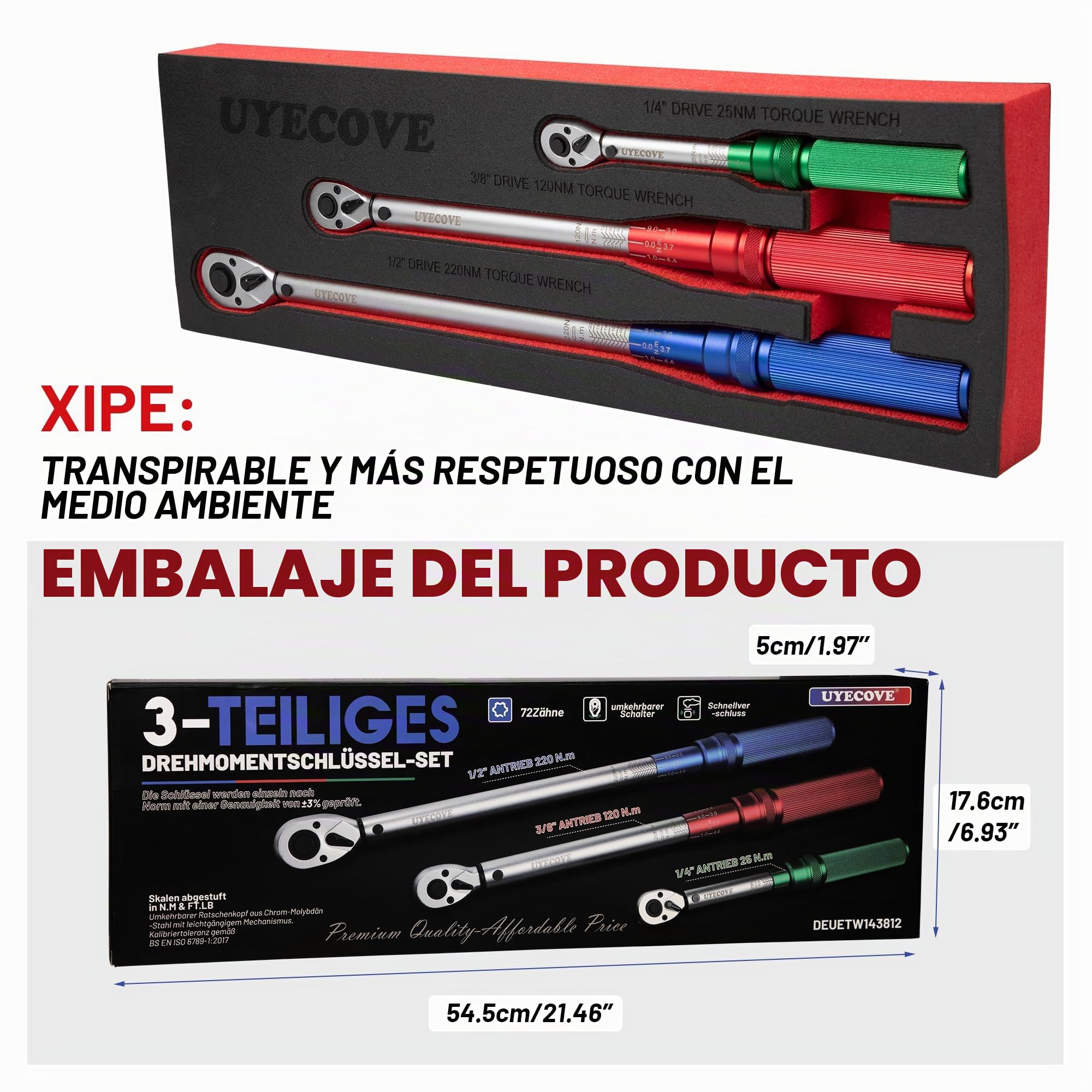 Juego de Llave Dinamométrica 3 Piezas: 1/4" 5-25nm, 3/8" 20-120nm, 1/2" 40-220nm - Para Bicicleta y Coche