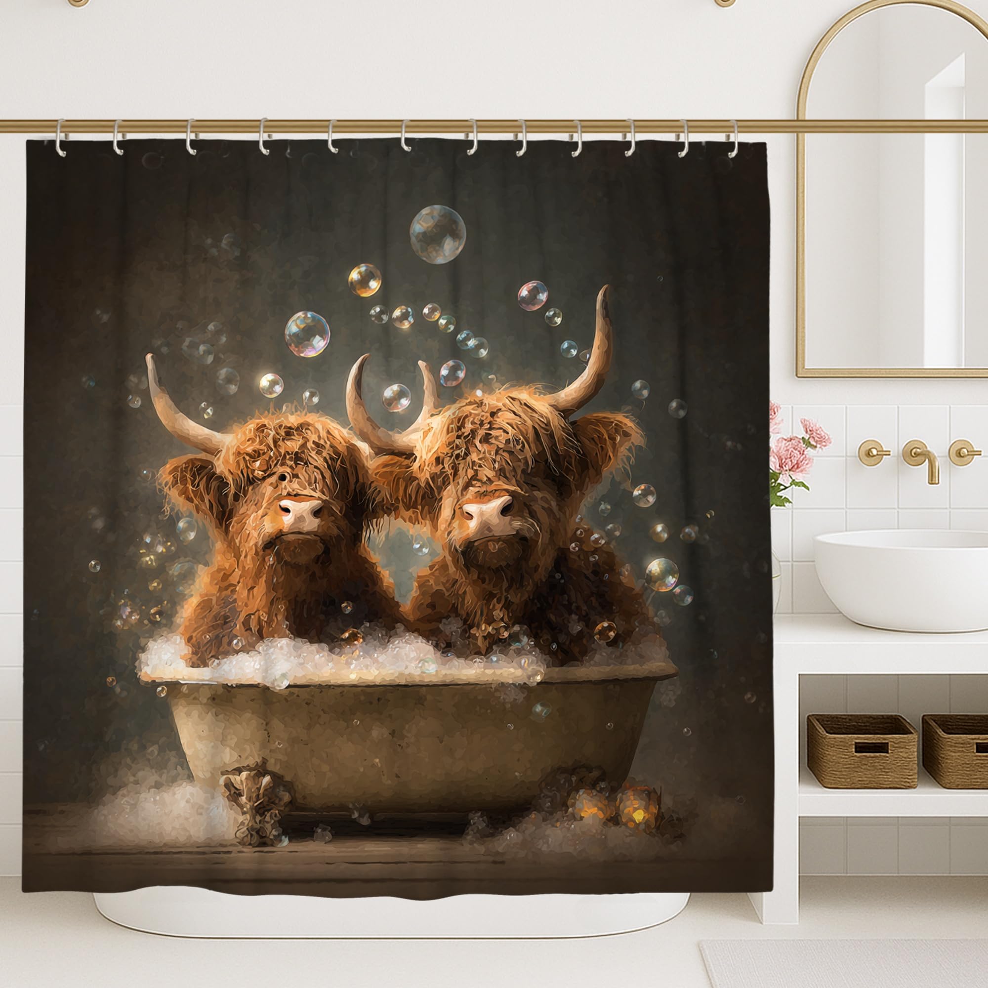 Highland Cattle Shower Curtain, Rustic Brown Farmhouse Bathroom Decor, Winter Holiday Fun Waterproof Fabric Shower Curtain with Hooks 72x84 Inch
