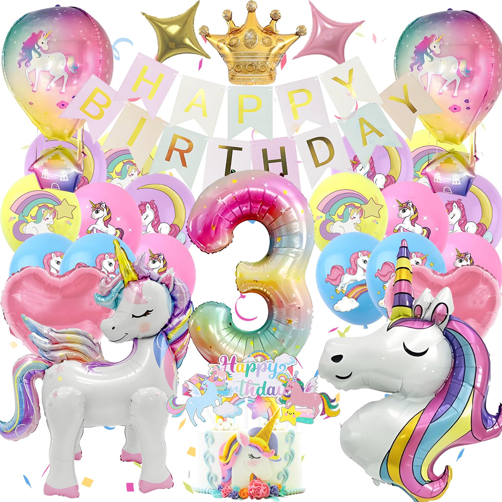 Einhor Geburtstag 3 Jahre Mädchen – Party Deko Set mit 4D Luftballons, Buntem Banner, Tortendeko, Einhor Geschenken für Mädchen