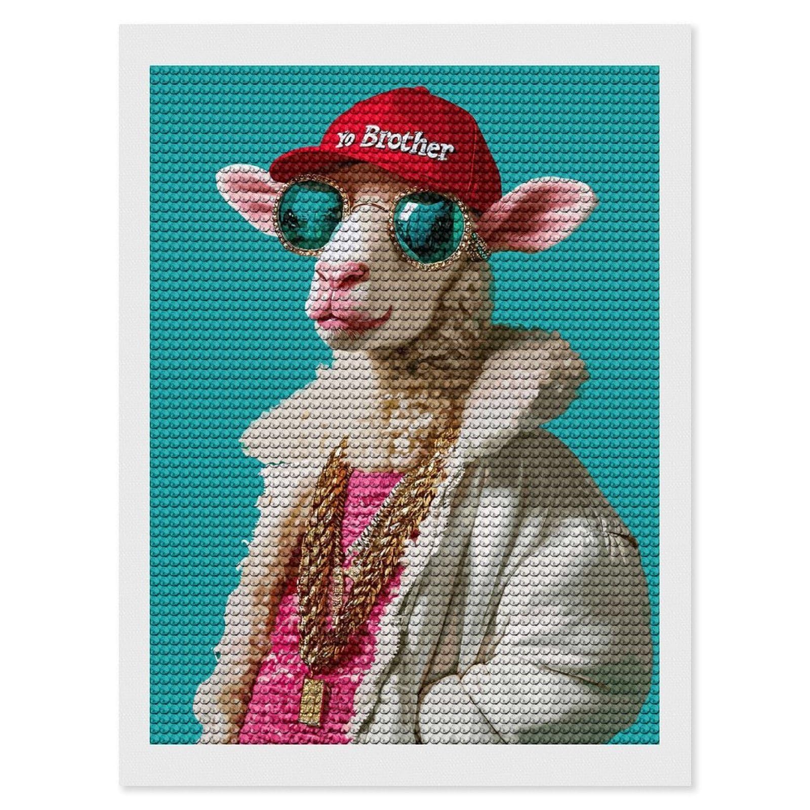 Junmoney Hipster Sheep Diamond Painting Canvas Set 12"x16", Easy to Enjoy, Adhesive Canvas, Office Decor, Holiday Gift Idea, with Tool Kit