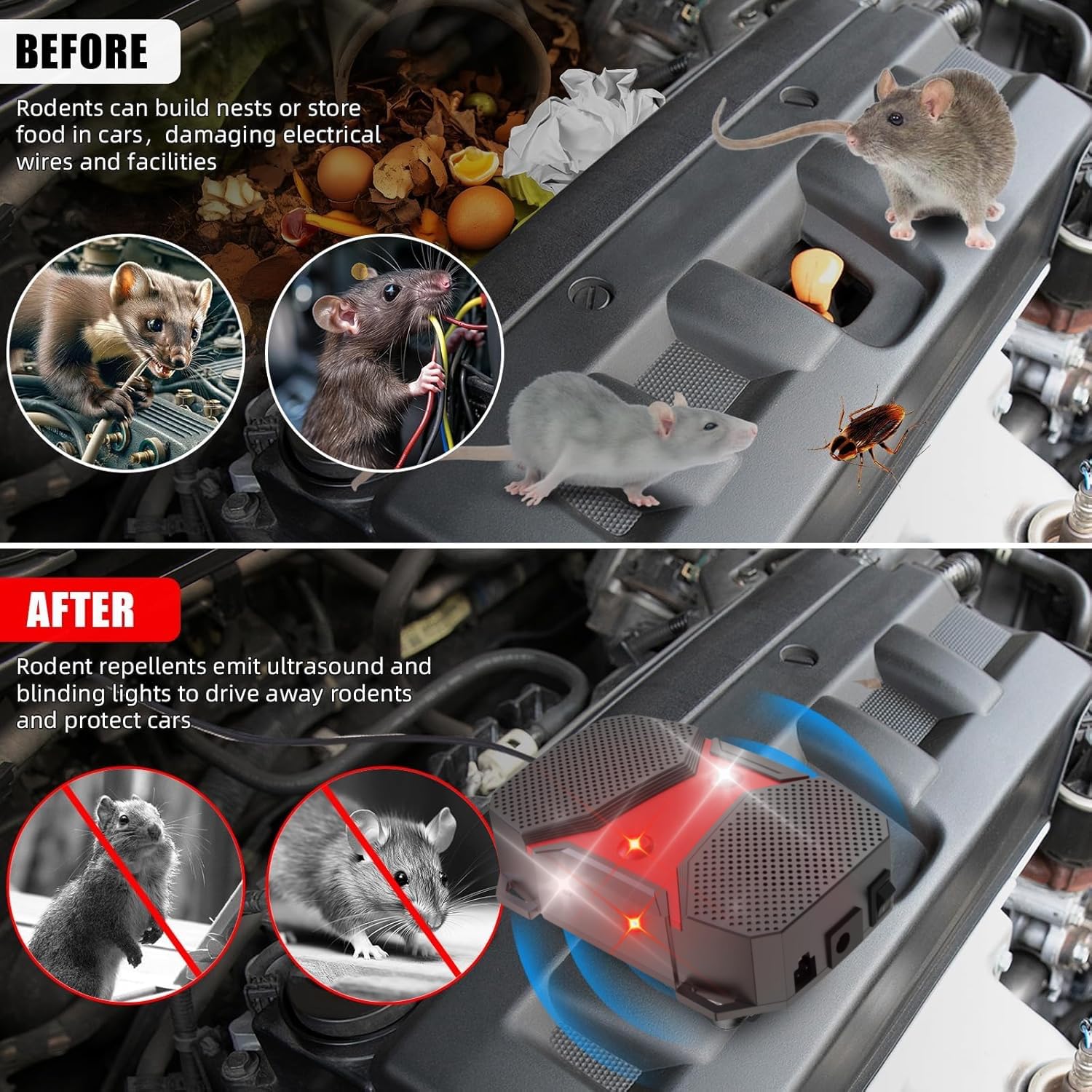 WUGEIN Repellente Topi per Auto,Scaccia Topi Portatile,Ultrasuoni per Topi a Batteria,Protezione Immediata e a Lungo Termine Contro Le Martore nel Vano Motore,Martore Garage,Casa