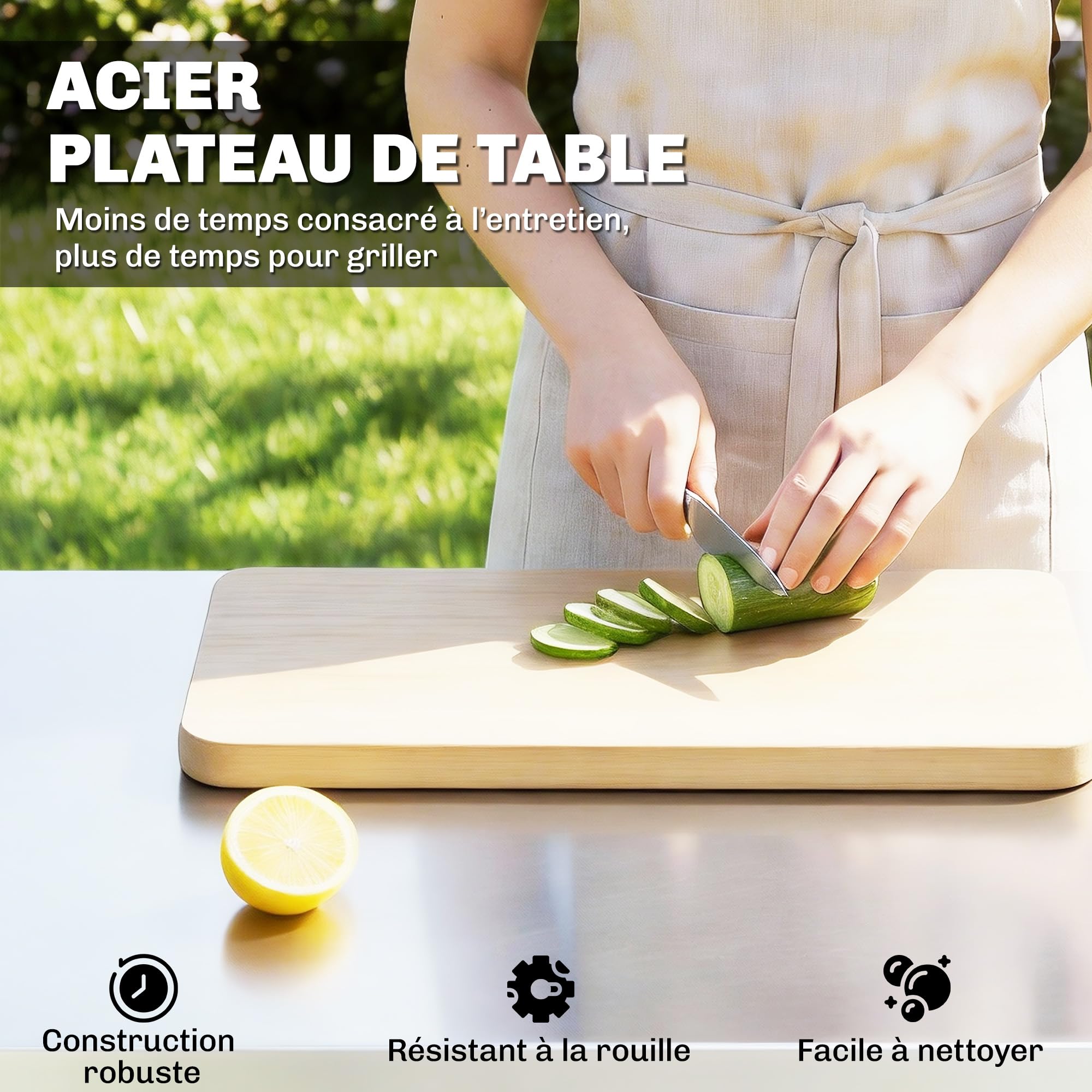 Outsunny Desserte Jardin avec Plan de Travail Inox - Chariot Barbecue à Étagère Coulissante - Meuble Cuisine Extérieur avec Armoire de Rangement pour Table Four à Pizza et Plancha, Noir