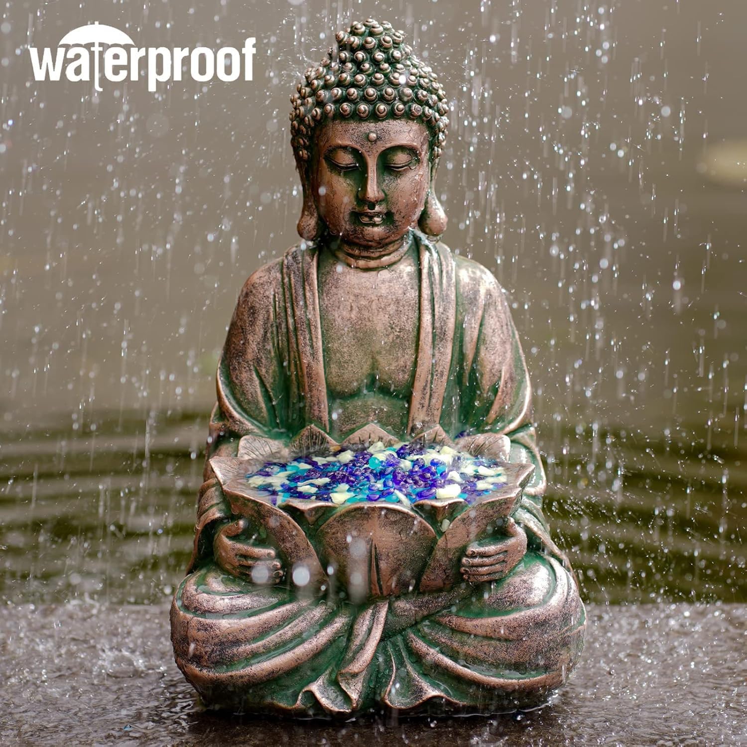 Yeomoo Figura de Buda de meditación, decoración de jardín para exterior, Buda Zen, decoración de jardín, salón, balcón, figuras grandes con piedras de loto y piedra de cristal, regalos para mujeres