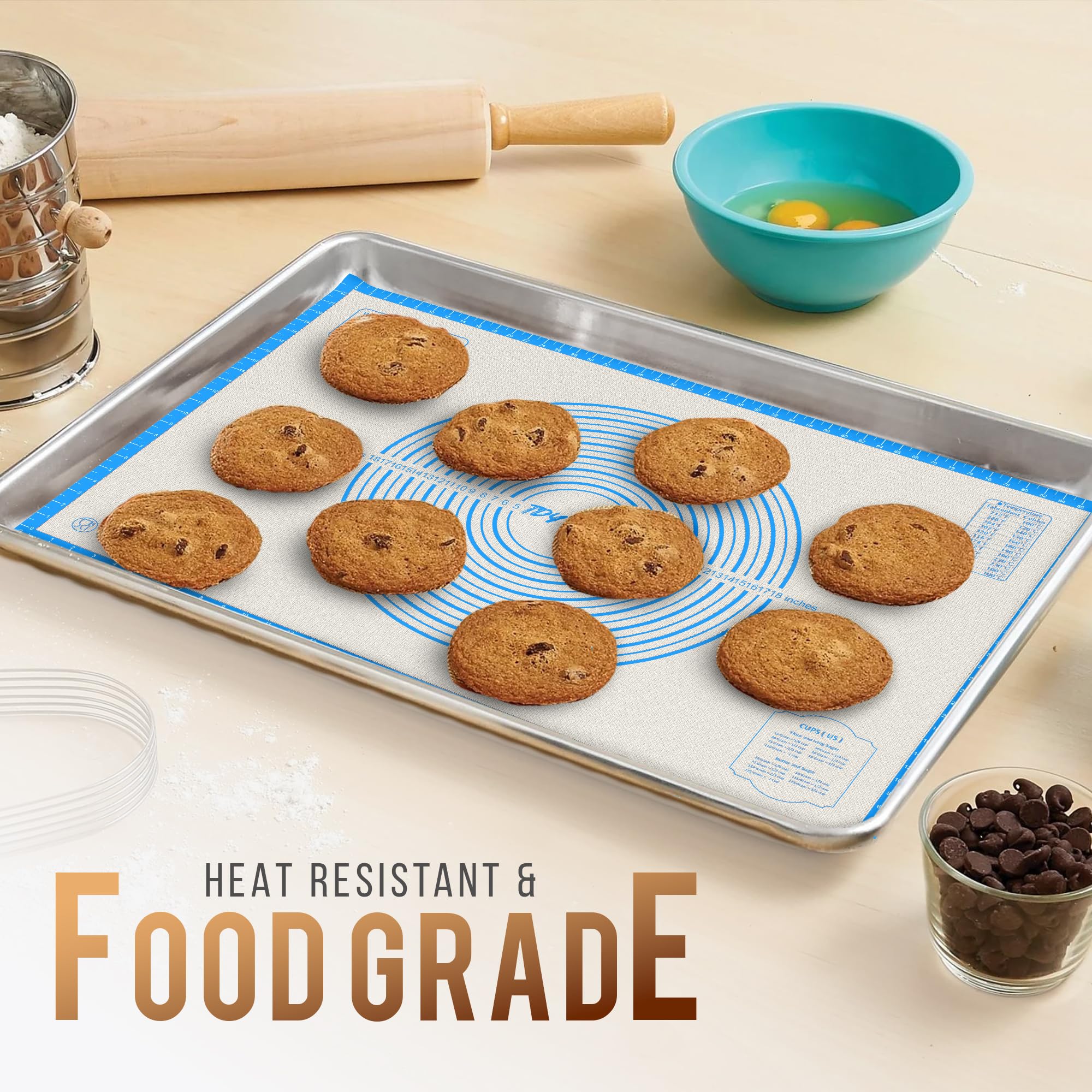 Bandejas de silicona antideslizantes para hornear con 0.7 mm de grosor, alfombrilla antiadherente para repostería y galletas para encimera de cocina para enrollar masa con medidas (azul, 28 x 20