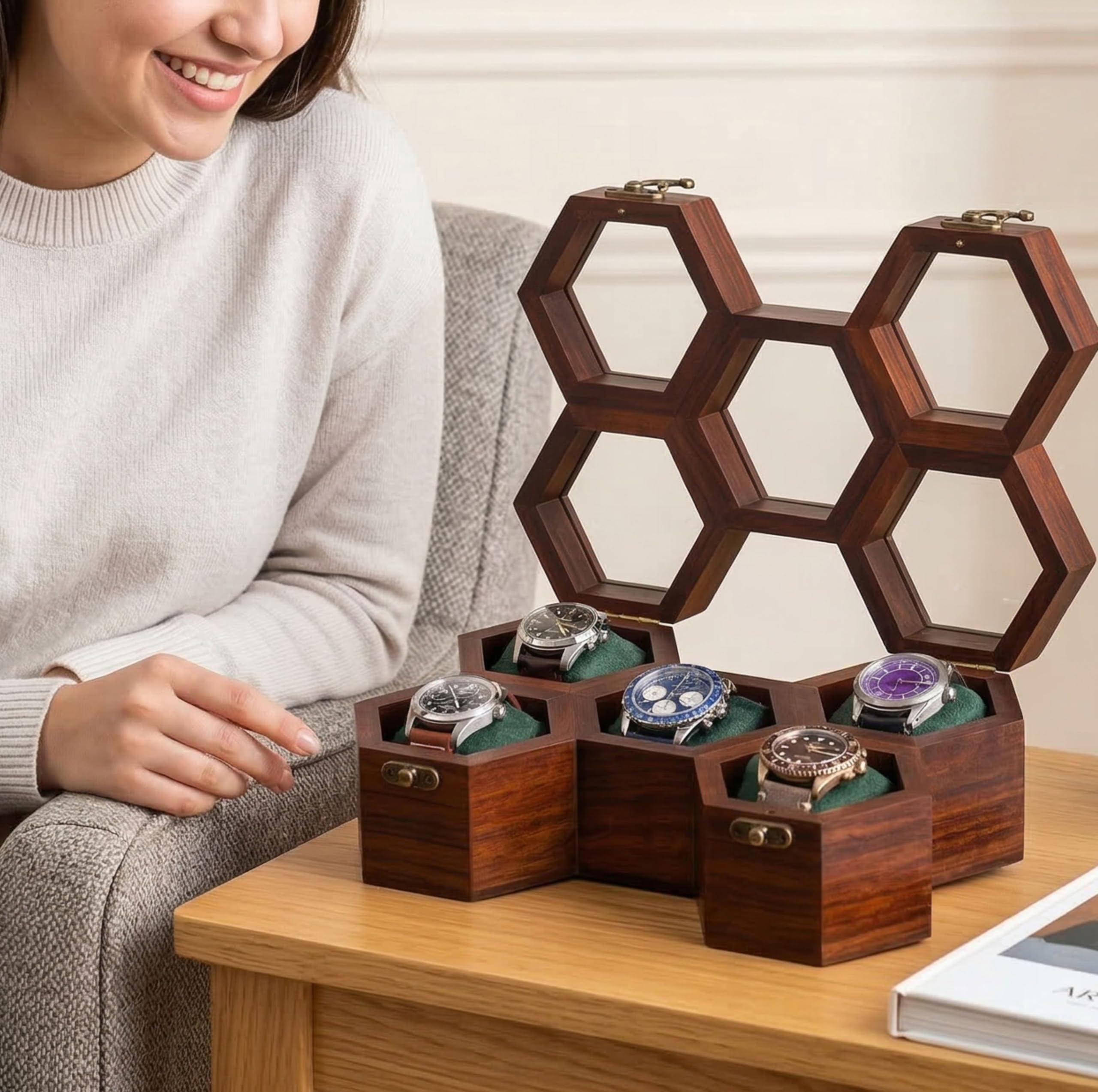 Royal Craft Expertise Caja organizadora de relojes de madera para hombre, 5 ranuras, caja de reloj de lujo de panal | Caja de exhibición de madera de palisandro oscuro y vidrio | Elegante caja de