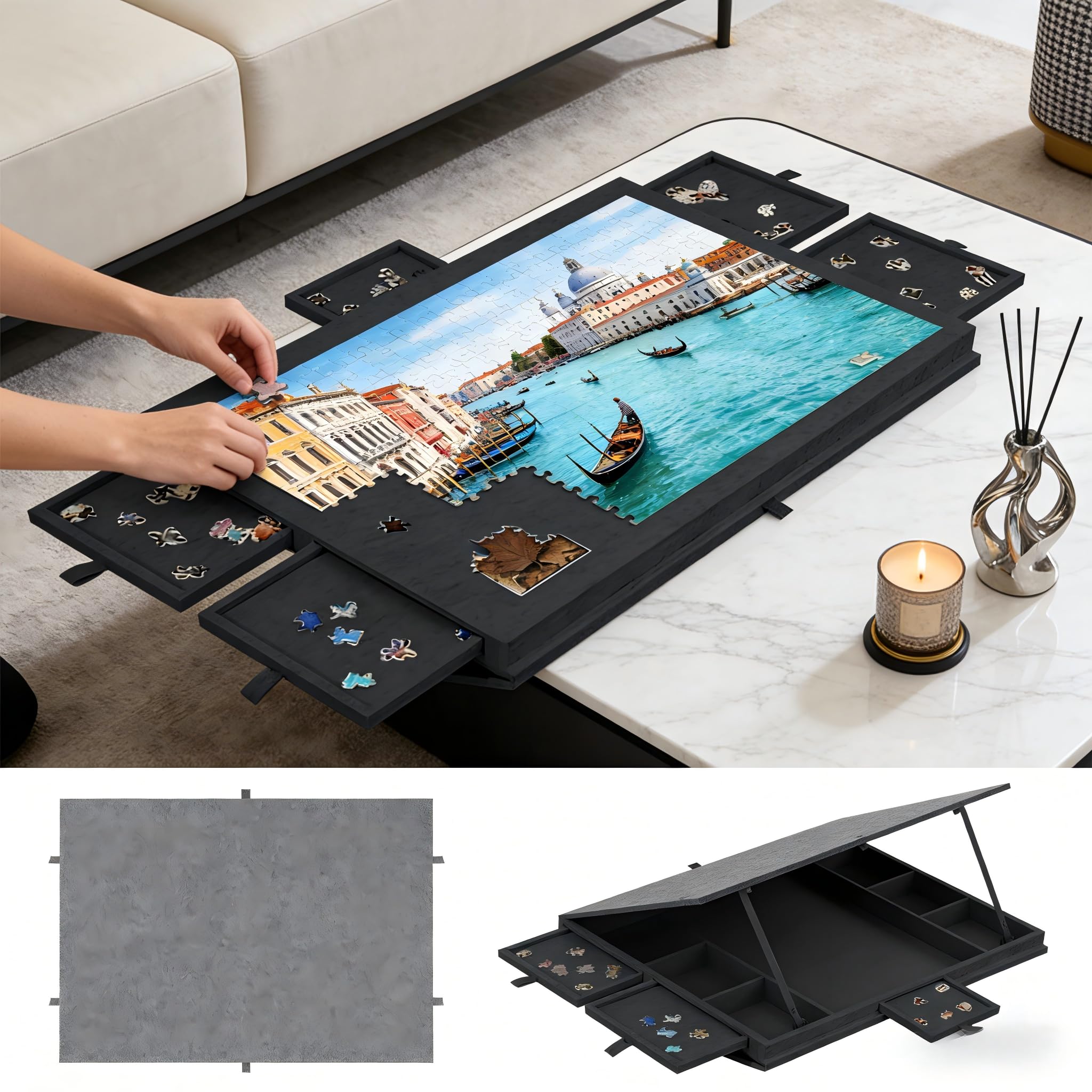 Deska do puzzli z 6 szufladami, stół do puzzli, 1000 elementów, stojak 2 w 1 i pokrywa, super lekki filcowy stół do puzzli, przenośny, na 1000 elementów (czarny)