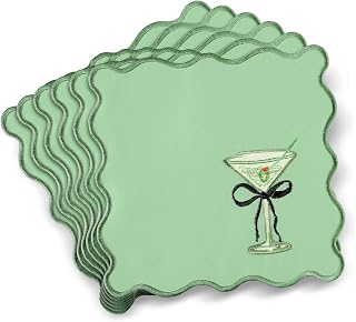 Dunzoom 12-Pack Green Martini Cocktail Napkins - Scalloped Embroidery 'a Tini Bit Older' Washable Polyester Satin 6x6" Party Supplies