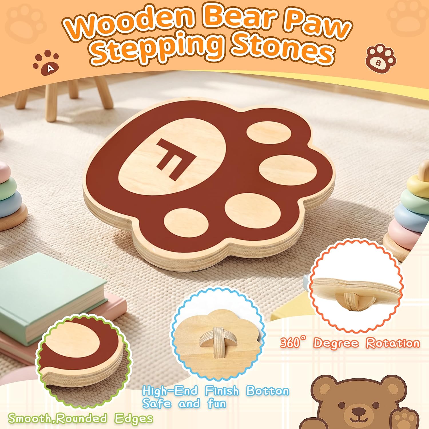 Stepping Stones for Kids, 14pcs Wooden Bear Paw Balance Montessori Toys