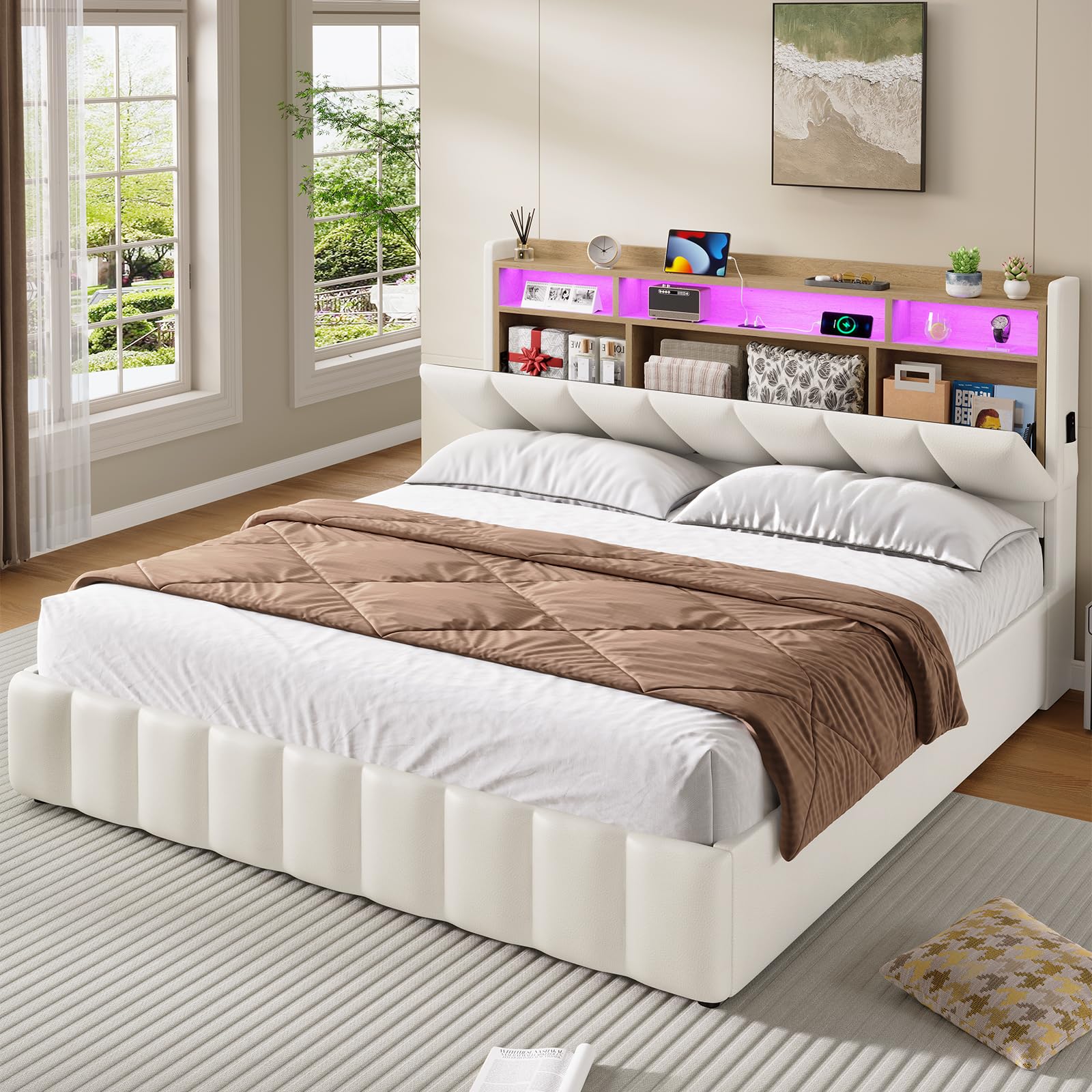 KIMENICH Lit Coffre 160 x 200 à LED, Lit Hydraulique avec Étagères Ouvertes et Rangement Caché en Tête de Lit Capitonné, lit 2 Personnes avec Lattes en Bois, Lits 160 x 200 avec Sommier en PU Blanc