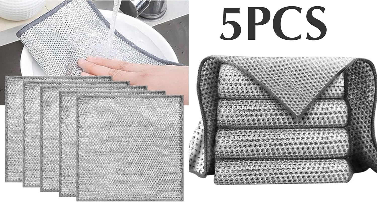 New Multipurpose Non-Scratch Wire Dishcloth,Double Layer Multifunctional Non-Scratch Wire Dishcloth, Steel Wire Dish Towel, Multipurpose Wire Dishwashing Rags for Wet and Dry (5PCS)