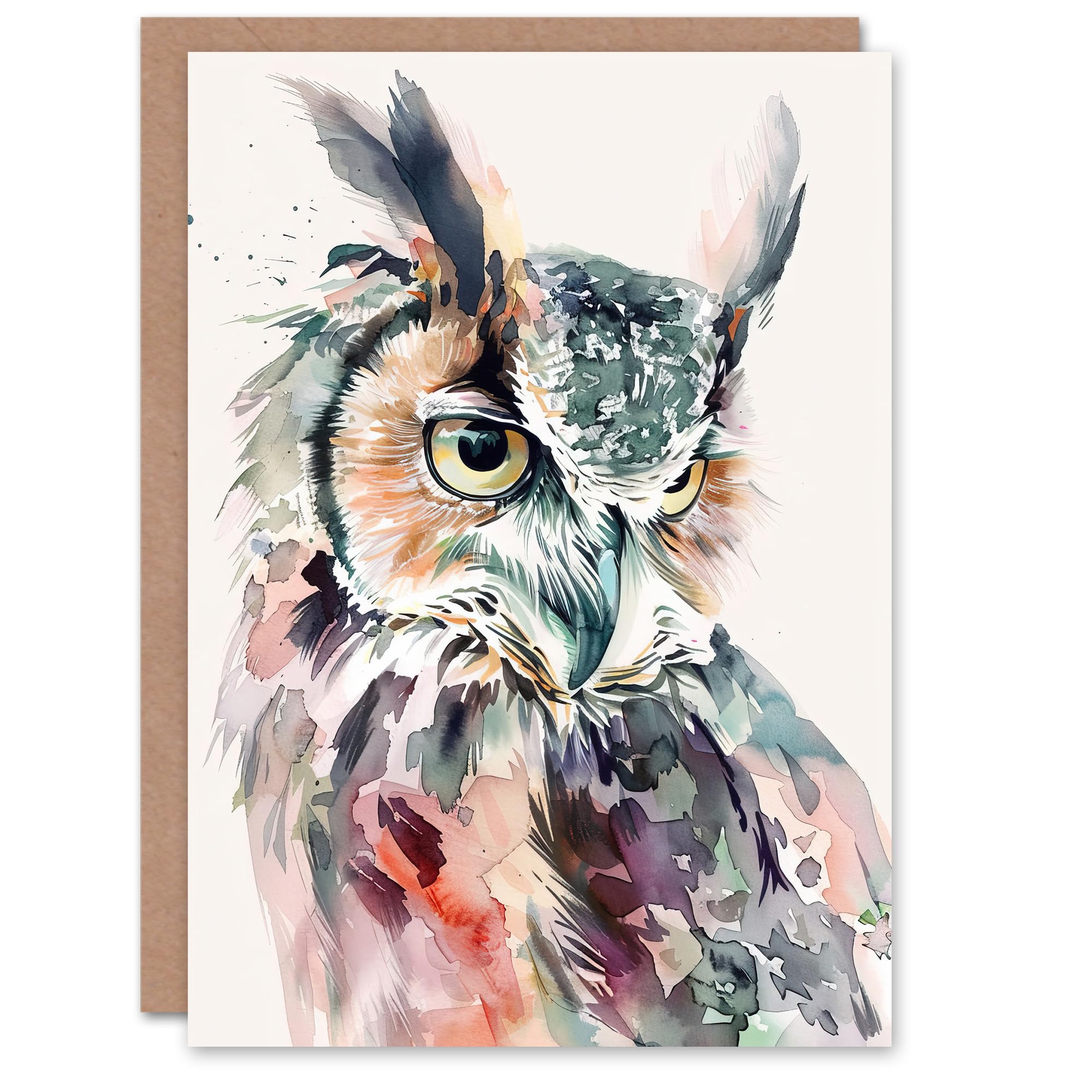 Artery8 Greeting Card Great Horned Owl Portrait Modern Watercolour Blank For All Him Or Her Art Birthday Card