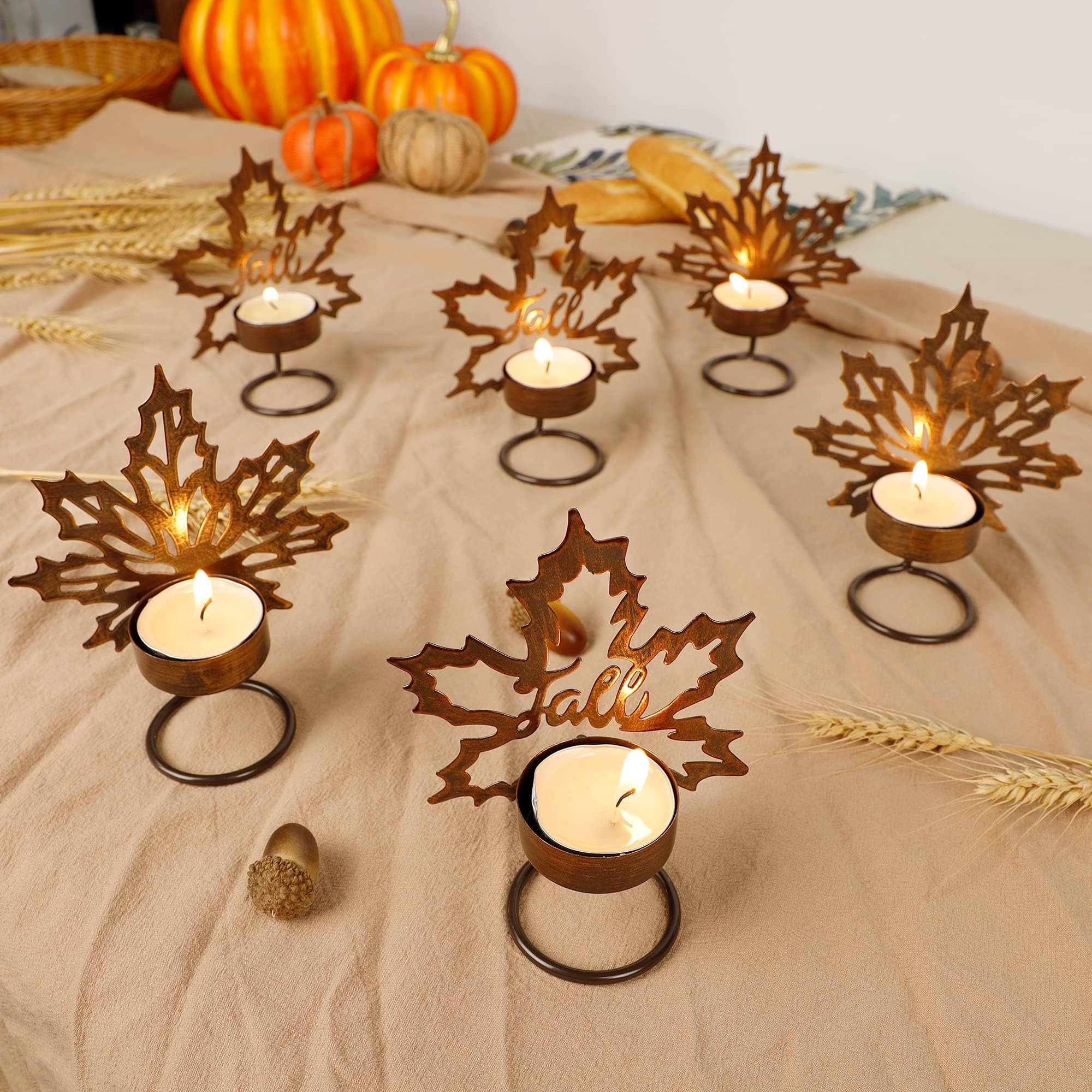 FORUP6 Pack Metal Maple Leaf Tea Light Candle Holders, Thanksgiving Candle Holder, Thanksgiving Fall Autumn Harvest Tabletop Decoration for Home, Maple Leaf Candle Holder, Metal Candle Holder
