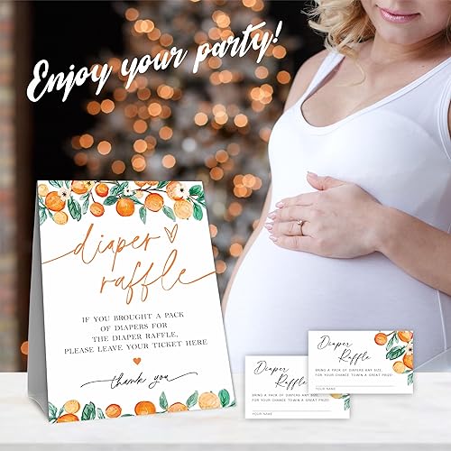Miniatura 4 de Kit de juego de rifa de pañales para baby shower, 50 boletos de rifa de pañales naranja y 1 letrero de pie, revelación de género, decoraciones de