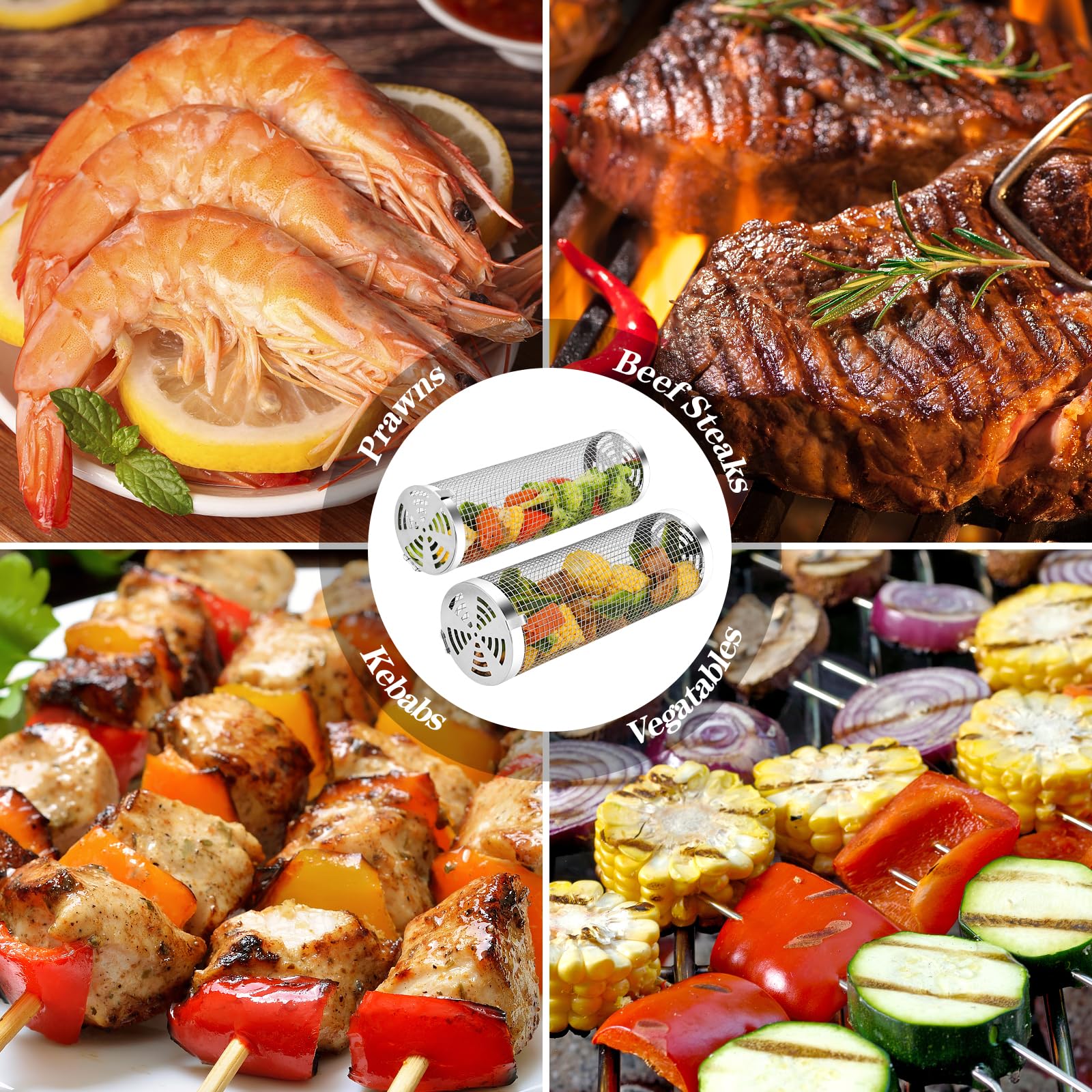 Cestino per Grigliare Rotante, Banaone 2 Pz Cestini per Barbecue Rotondi in Acciaio Inox con Staffa, Spazzola per la Pulizia, Tubo a Rete per BBQ da Campeggio All'aperto Portatile per Carne, Verdure