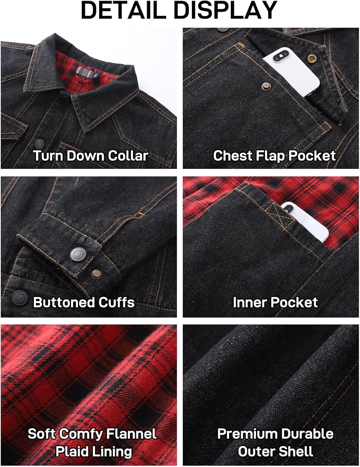 Flygo Mens Flannel Lined Denim Jacket Snap Cowboy Cut Western Classic Slim Fit Vintage Heavy Duty Jacket Trucker Coat - Image 7