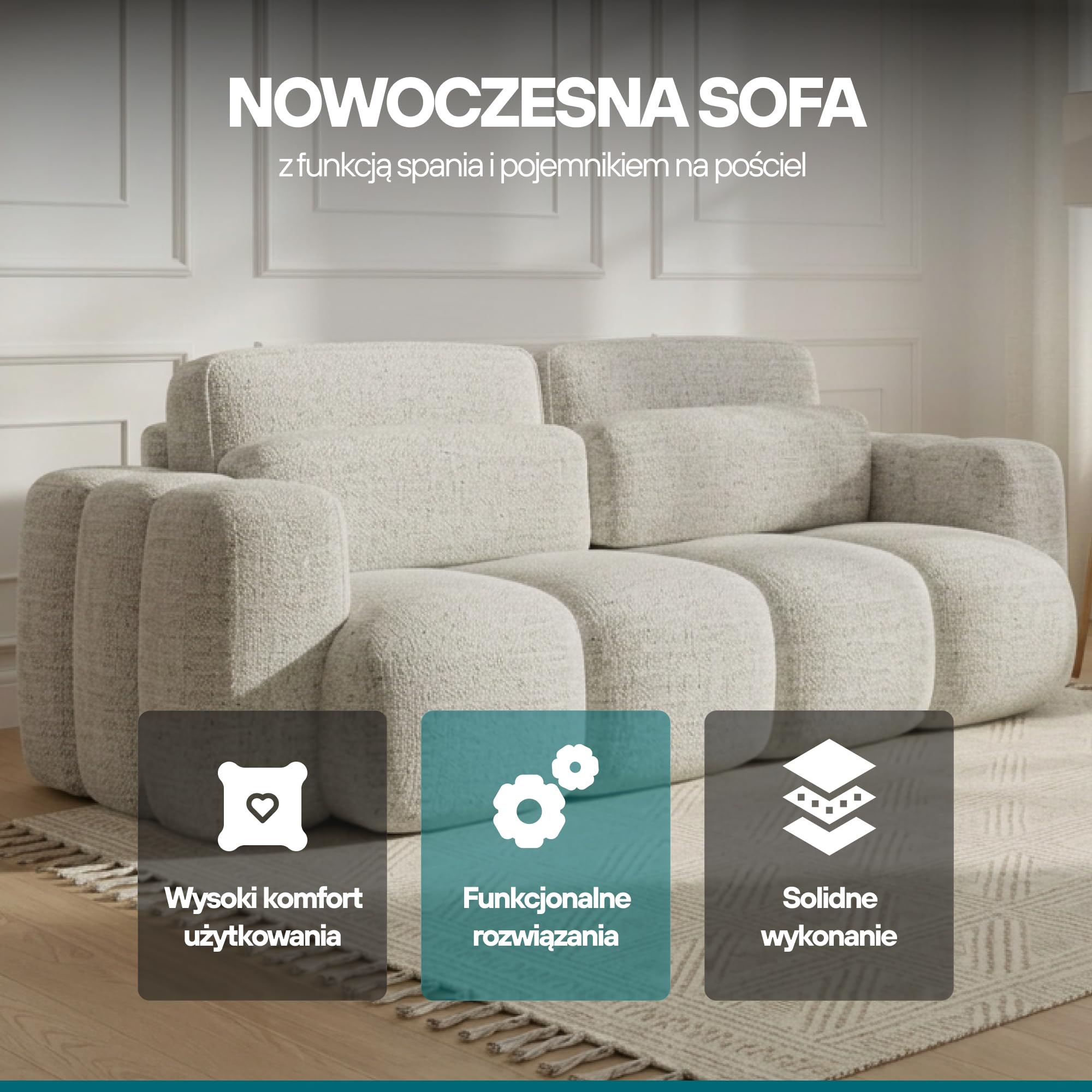 TRADA Sofa z funkcją spania – 275 x 90 x 110 cm – sofa z funkcją spania ze skrzynią na pościel – z systemem rozkładania DL – 3-osobowa sofa do salonu z powierzchnią do leżenia 150 x 200 cm – beżowa